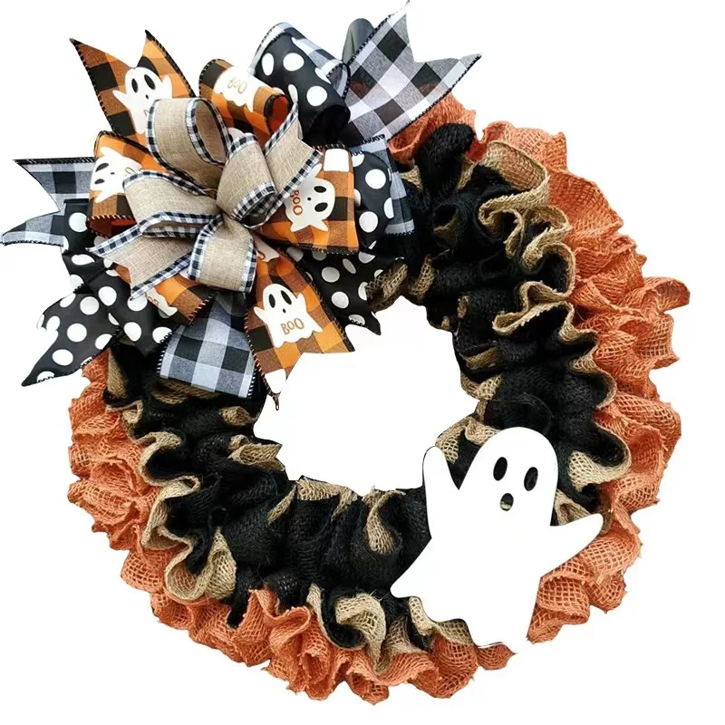 

2023 Artificial Garland Ribbon Front Door Window Ghost Festival Harvest Festival Buffalo Wreath Ghost Decoration Halloween