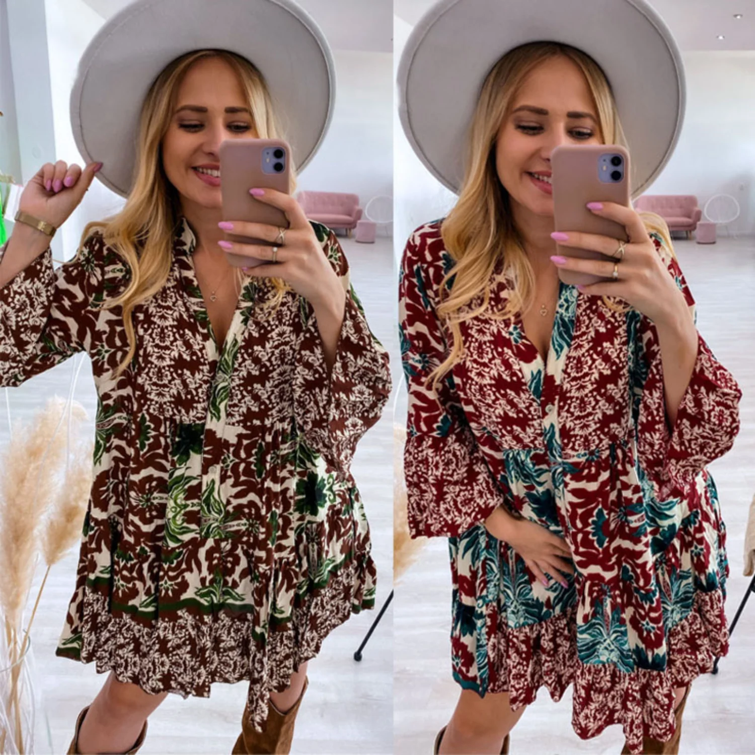 

2023 Women's Autumn and Winter Printed V-neck Long Sleeved White Dress
