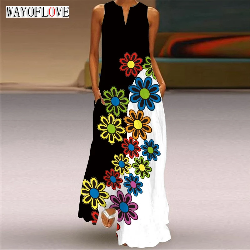 

WAYOFLOVE Lady Spring Summer Black Long Dress Sleeveless Flowers Print Elegant Dresses For Women 2023 Casual Beach Women's Dress