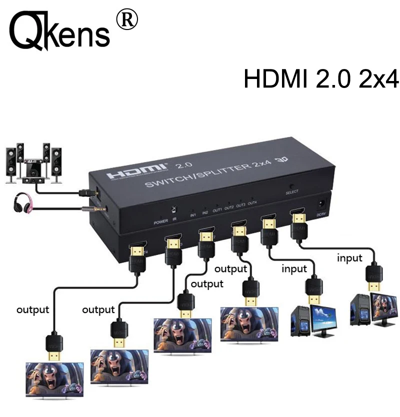 

4K 60HZ HDMI 2.0 2x4 Switch Splitter 3D Switcher Video Converter Adapter SPDIF Audio 2 In 4 Out for Mi Box XBOX PS3 PS4 PC To TV