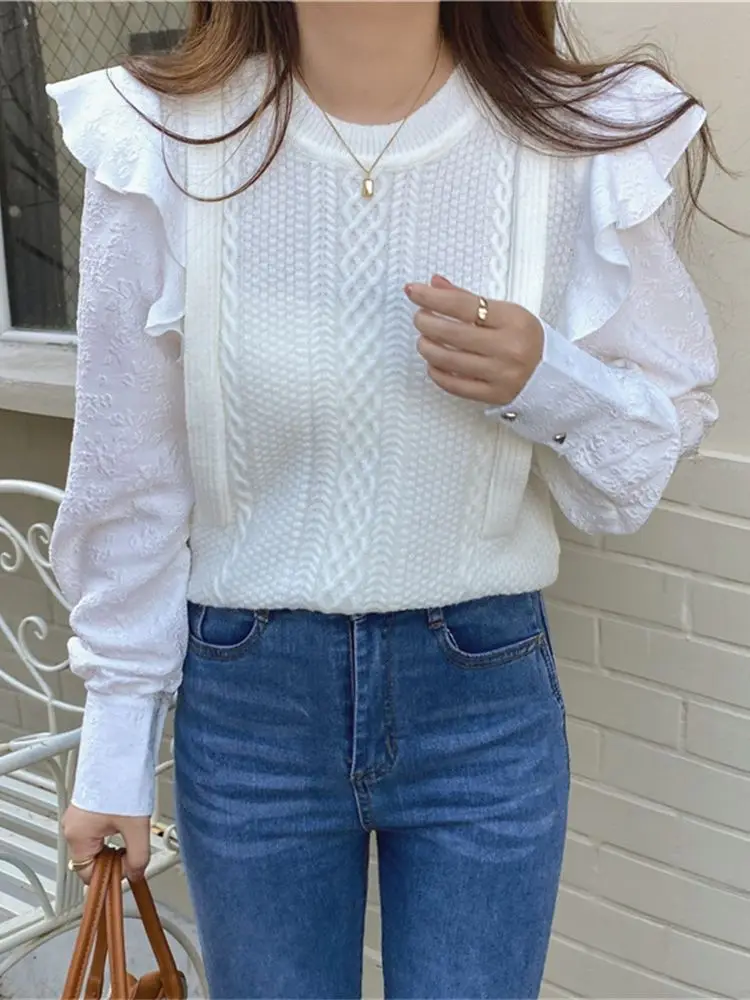 

Alien Kitty OL Women Knitted Sweaters Ruffles 2022 Streetwear All Match New Casual Loose Spring Chic Slim High Street Elegant