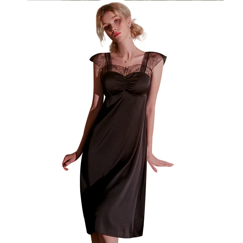 French Style Nightdress with Chest Pad Women's Long Lace Princess Suspenders Can Be Worn Outside Small Chest Silk Home Clothes