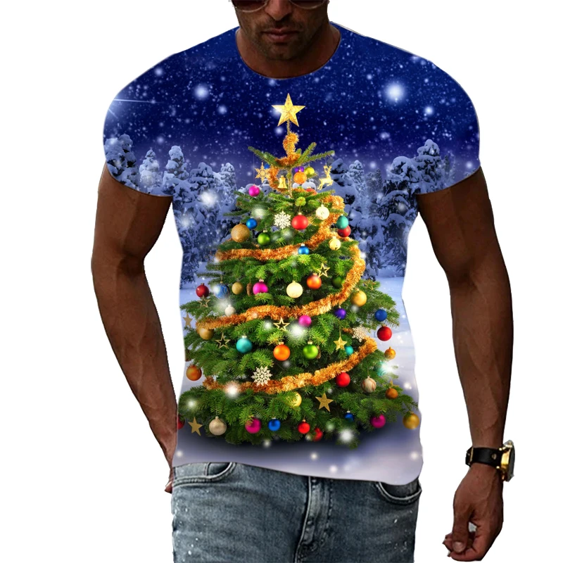 

Летняя мужская крутая футболка с коротким рукавом и рождественской елкой, Повседневная модная уличная одежда, Женская футболка большого размера с 3D принтом, топы