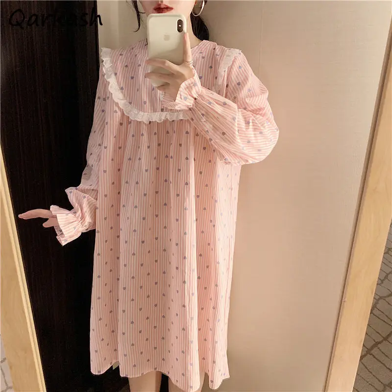 

Женская винтажная ночная рубашка с принтом на весну и осень, милые стильные рубашки для сна, милые женские простые корейские рубашки до коле...