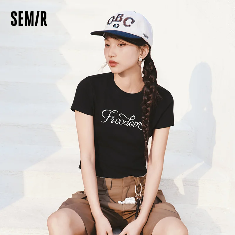 Фото Женская футболка Semir с коротким рукавом, кружевом и имитацией двухслойности, с бисером и надписью, приталенная, новинка 2026 года, элегантный повседневный топ №3