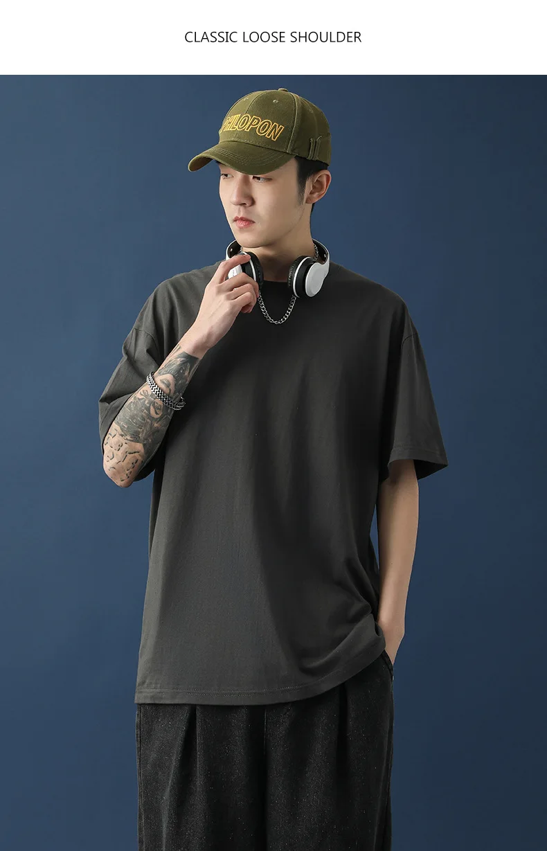 

Pure white heavy cotton loose off shoulder short sleeve T shirt fashion brand men's bottom shirt