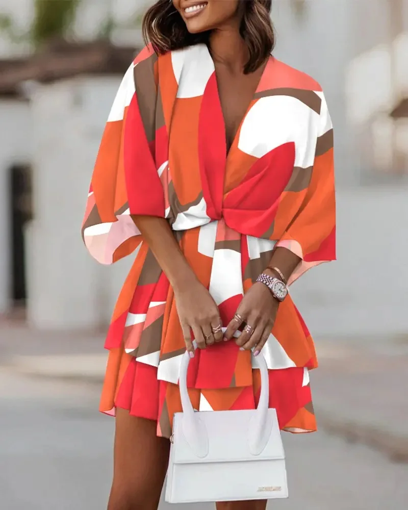 

Autumn Women's Sexy V-neck Loose Bat Sleeve Printed Dress 2023 New Yellow Women's Casual Dress With Seven Sleeves Mini Vestidos