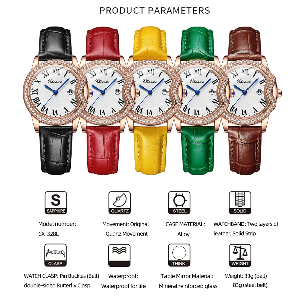 CHENXI New Fashion Women Watches Luxury Diamond Encrusted Roman Calendar Waterproof Leather Quartz Watch Ladies Wrist Watches