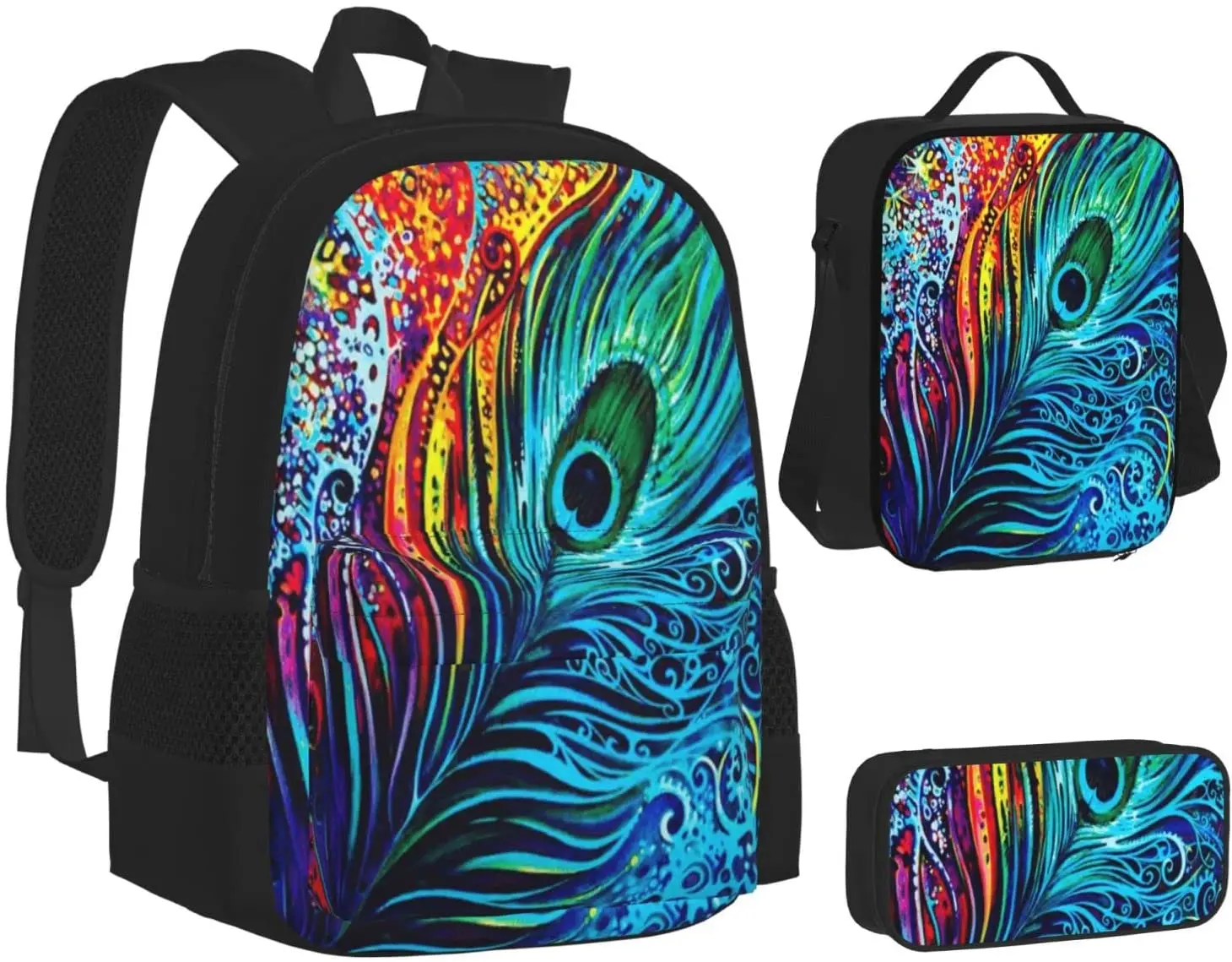 Peacock Feather Schoolbag Travel Bag Casual Daypack Lunch Bag Pencil Case for Boys Teens Girls 3pcs Sets