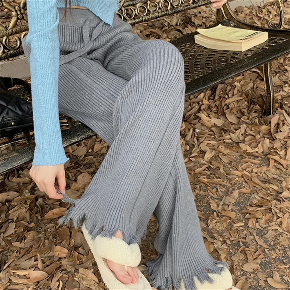 

Alien Kitty Tassel Pants Women Knitted Solid Winter Chic Office Lady Slim New Loose Streetwear 2022 High Waist Flare Trousers