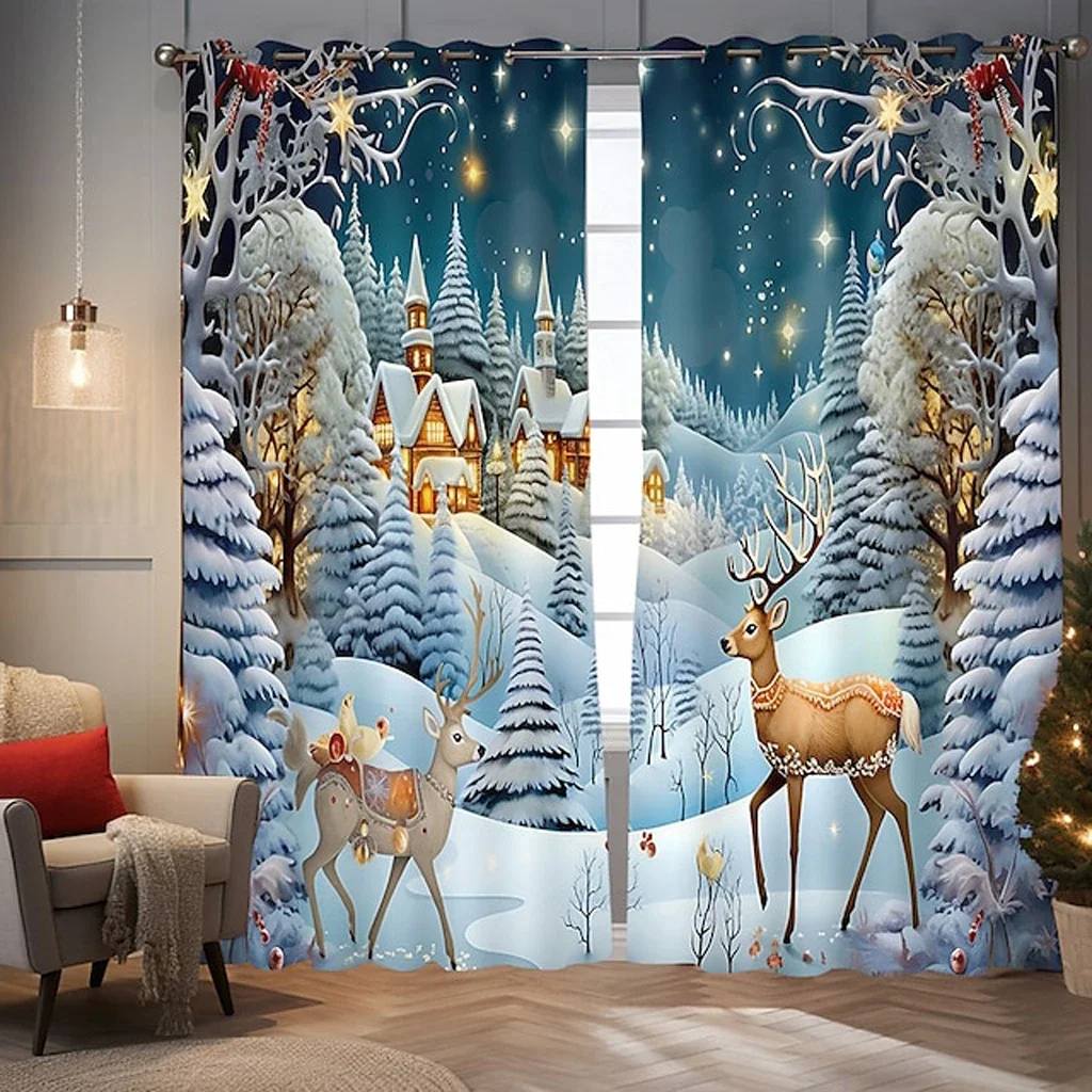 Dreamy Winter Landscape Curtains Christmas Snow Deer Print Drapes Holiday Living Room Bedroom Decor 2 Panels Set