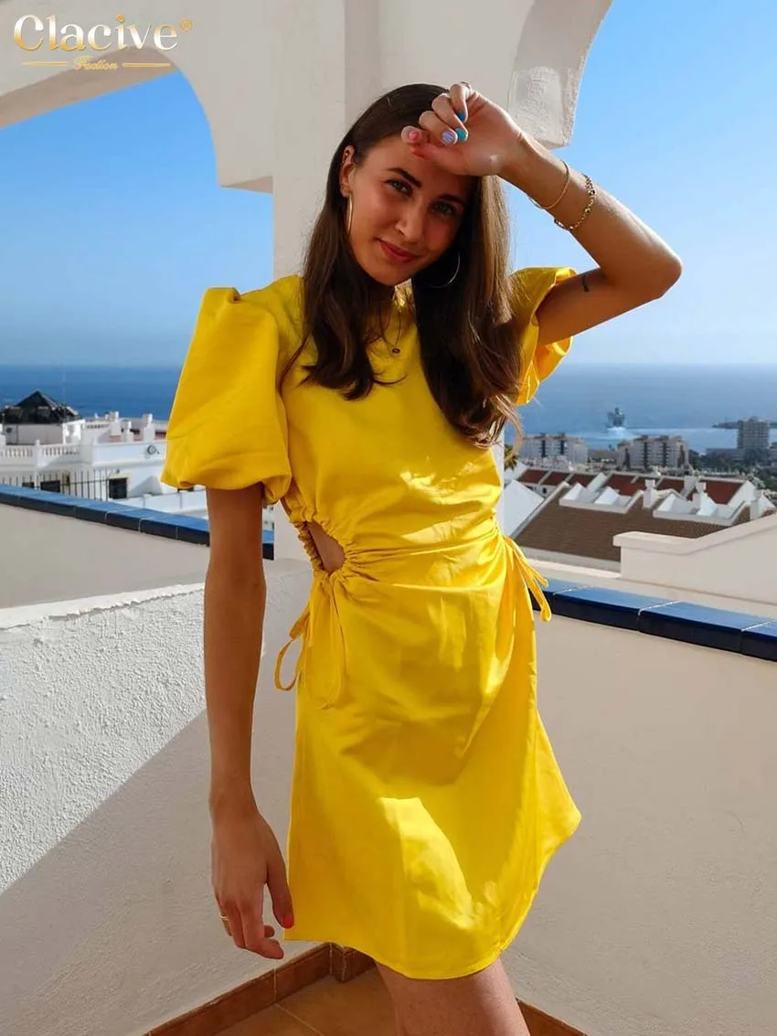 

Модное желтое женское летнее платье Clacive с круглым вырезом, облегающие мини-платья с пышными рукавами, элегантное Шикарное облегающее женск...