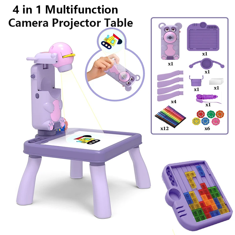 

4 in1 Drawing Projector Camera Children's Interactive Drawing Table Drafting Table Kids LED Painting Desk Girl Educational Toys