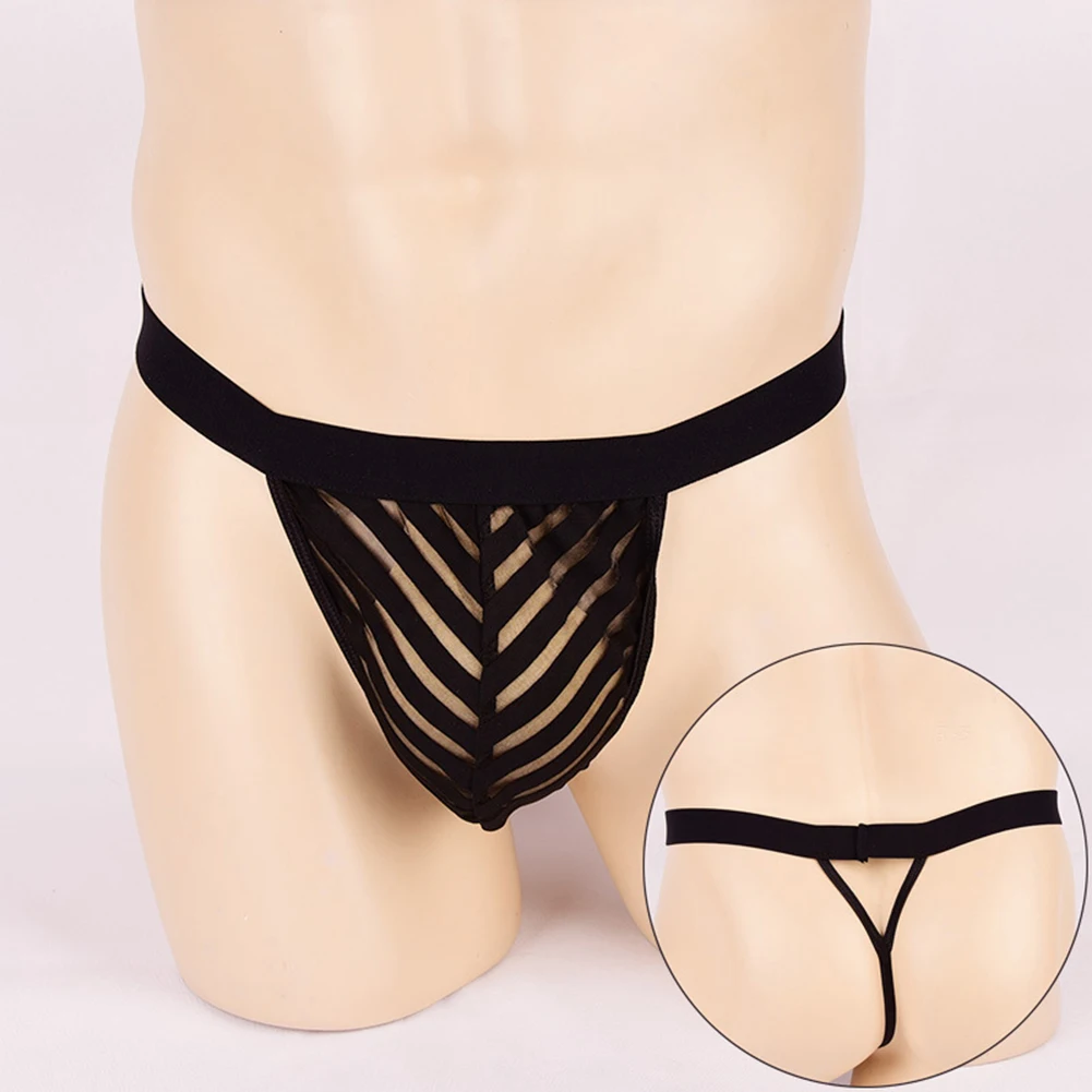 

Mens Striped Underwear Transparent Mesh See-through Sexy Thong Low Waist Breathable G-String Bikini Convex Pouch Underpants