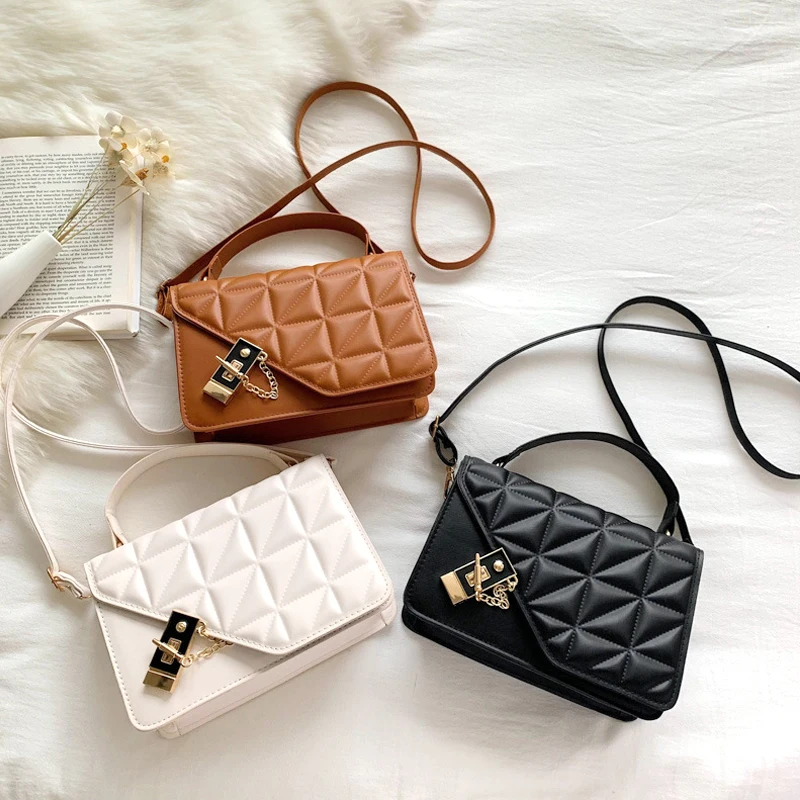 

2022 New Vintage Solid Color PU Leather Geometric Shoulder Bag Women Casual Mini Flap Handbags Keychain Crossbody Bags