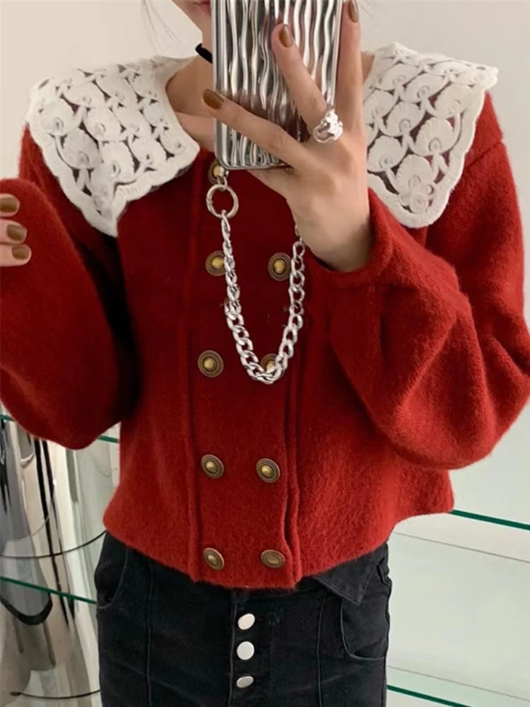 

Korobov Christmas Sweater Female Doll Collar Contrast Color Age Reduction Cardigan Sweet Korean Fashion Pull Femme Hiver 2022