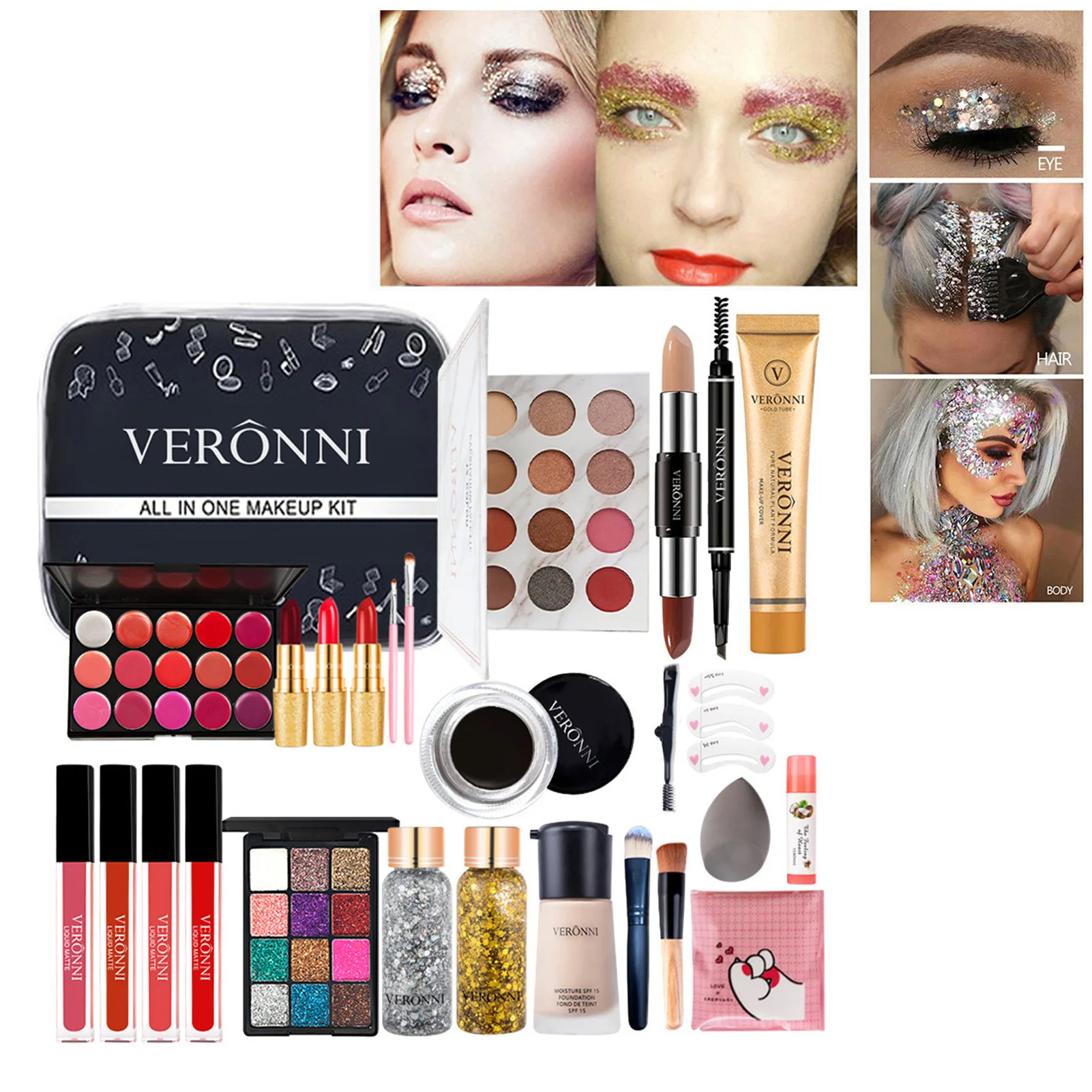

All-in-one Makeup Set 28 Piece Full Cosmetic Travel Kit for Women Vanity Essential Starter Bundle Include Eyeshadow Palette