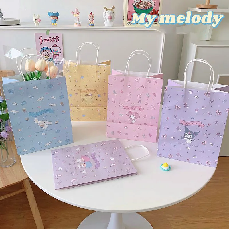 

Kawaii HelloKittys Kuromi Cinnamoroll MyMelody Kraft Paper Bag Sanrios High Capacity Gift Bag Child Birthday Present Packing Bag