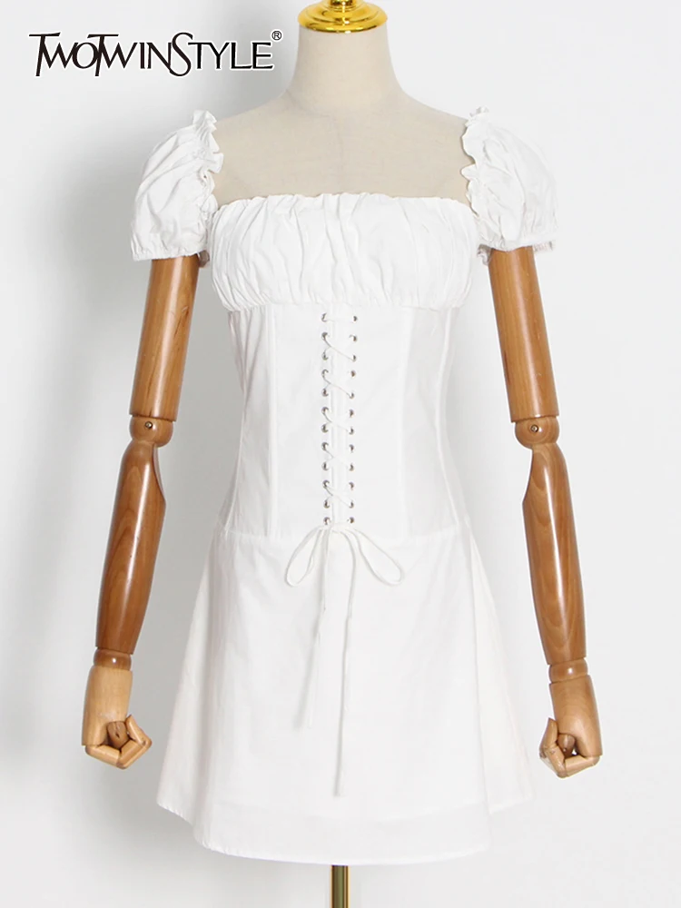 

TWOTWINSTYLE White Slim Dress For Women Slash Neck Short Sleeve High Waist Solid Minimalist Mini Dresses Female Summer Clothing