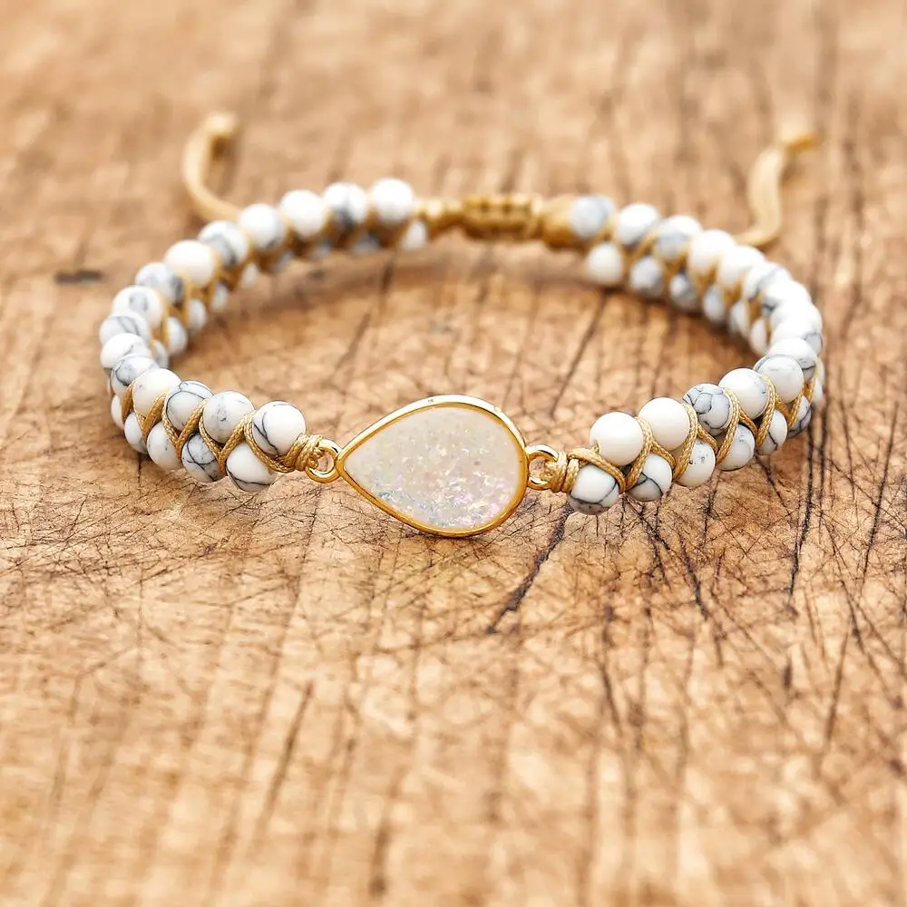 4mm Beads Braided Opal White Pine Bracelet for Women Men Double Layer Strand Beaded Charm Bracelet Handmade Jewelry