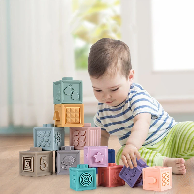 

Sensory Toys Silicone Build Block Bath Toys For Kids Stacking Toy Soft Animal Number Building Block Cube For Boy Girl D65Y