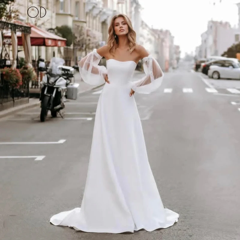 

I OD Elegant A-Line Wedding Dresse 2023 Simple Long Tulle Sleeves Strapless Backless Lace Up Satin Vestido De Novia Sweep Train