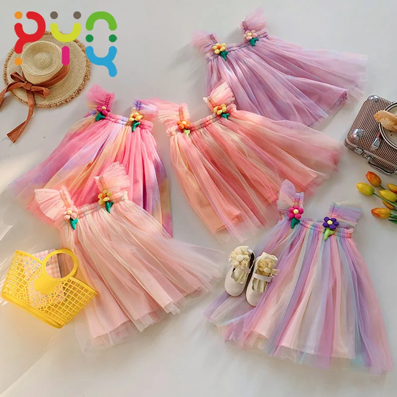 

Детская одежда, новинка, летние платья с трехмерными цветами для девочек, Сетчатое Радужное платье принцессы с рукавами-мушками для маленьких девочек