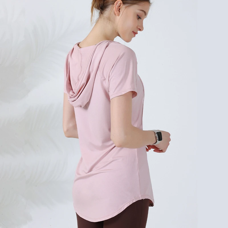 Summer Women Sport Hoodies Loose Yoga Shirts Short Sleeve Running T-Shirt Oversized Gym Fitness Hooded Tops Quick Dry Tee Blouse