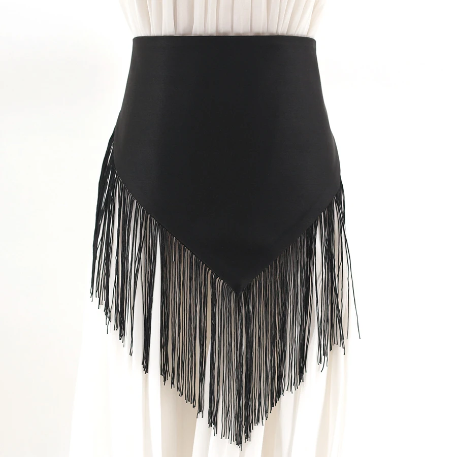 Черный однотонный тканевый пояс с кисточками для женщин нерегулярный длинный