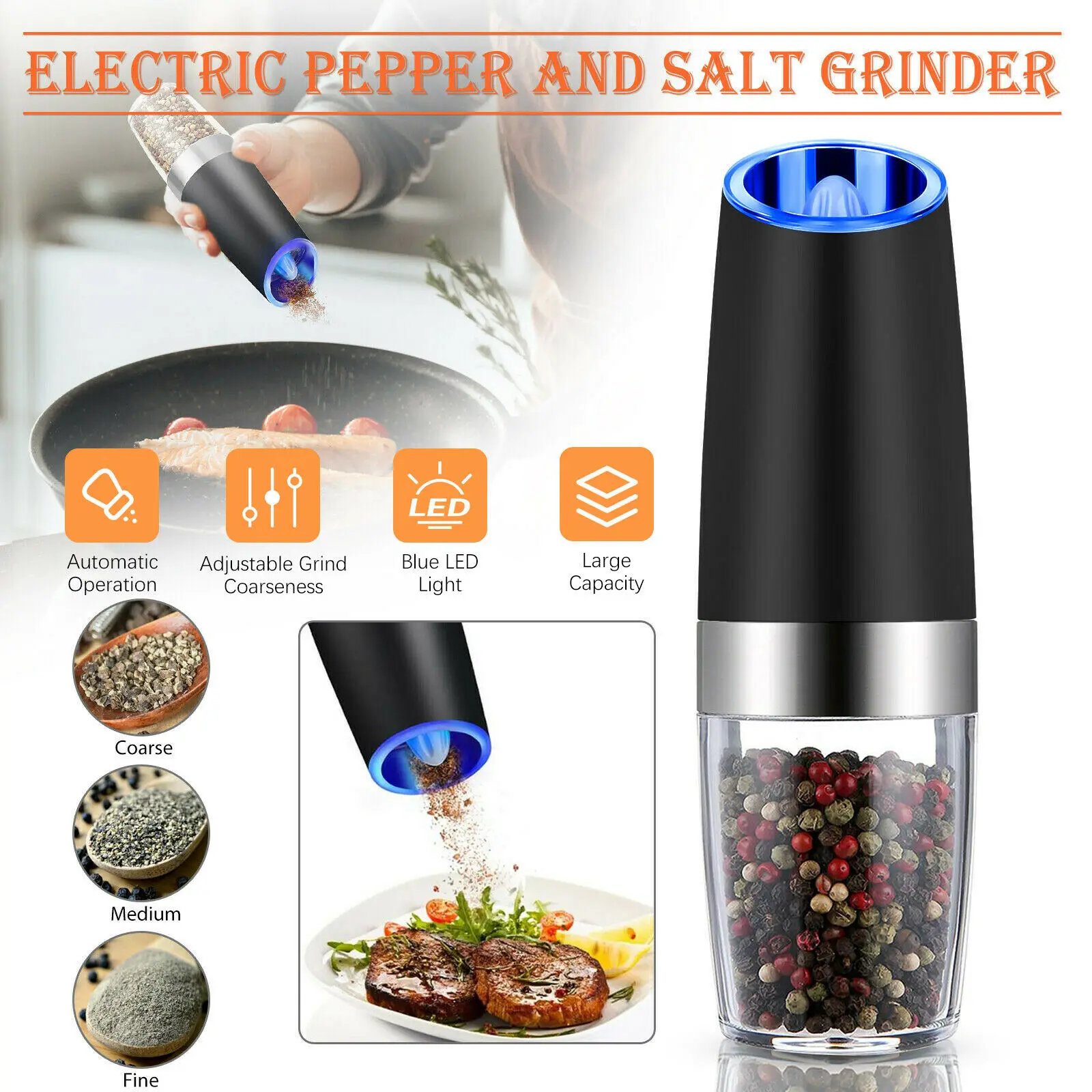 

Automatic Gravity Electric Salt Pepper Grinder LED Set Adjustable Coarseness New