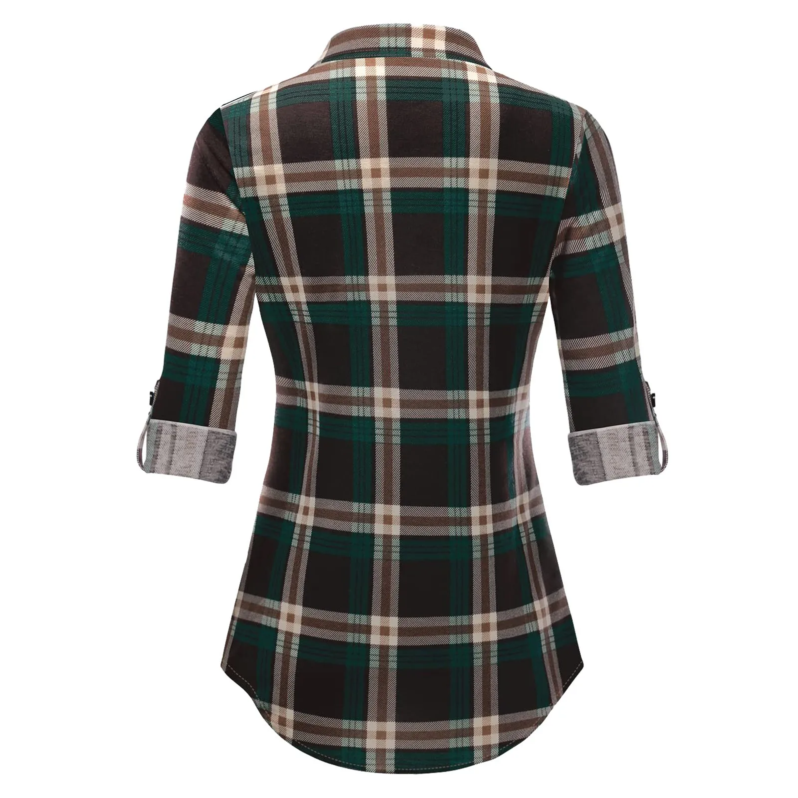 Autumn Winter Women Plaid Shirts Soft Stretchy Knit Roll Up Long Sleeve Collared Button Down Blouses Tops Fashion Streetwear