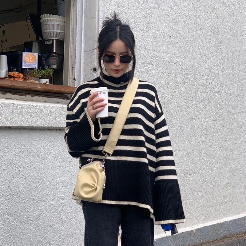 Office Lady Contrast Striped Pullovers Casual Long Sleeve Loose Knitted Sweater Autumn Elegant Stand Collar Pullover for Women