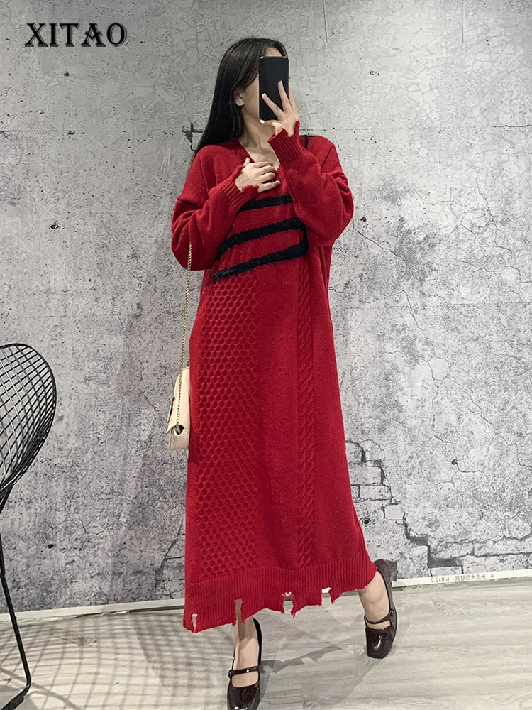 XITAO Pole Split Knitted Dress Loose Contrast Color Splicing Fashion Women Sweater Dress 2022 Winter New Sweater Dress FBB1182