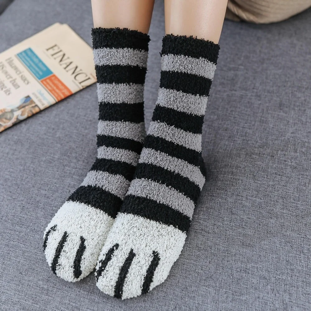6 Pairs New Home Coral Fleece Socks Footprint Cat Paw Leopard Stripe Sleepping Socks Thickened Warm Winter Fleece Women Socks