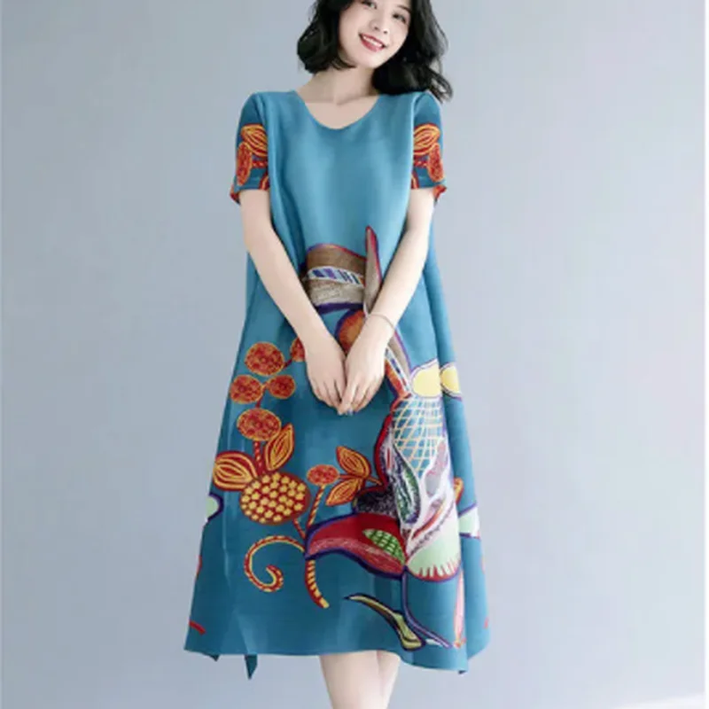 

Short-sleeved Blind Belly A Word Age Dress Wrinkles 2022 Summer New National Wind Print Large Size Slim Short Sleeve Dress