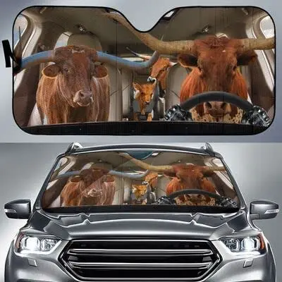 

Funny Texas Longhorn Cattle Family Driving Car Sunshade, Texas Longhorn Cattle Farm Animals Driving Auto Sun Shade, Gift For Far
