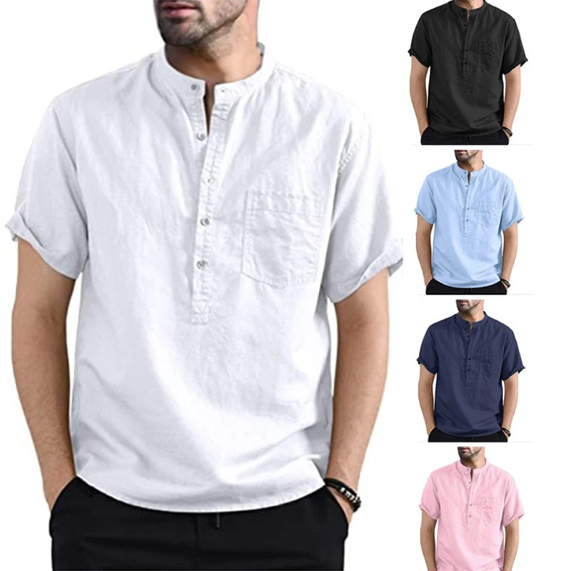 

2022 летняя новая мужская повседневная рубашка из хлопка и льна, Свободный Топ, футболка, однотонный карман, с короткими рукавами, красивая му...