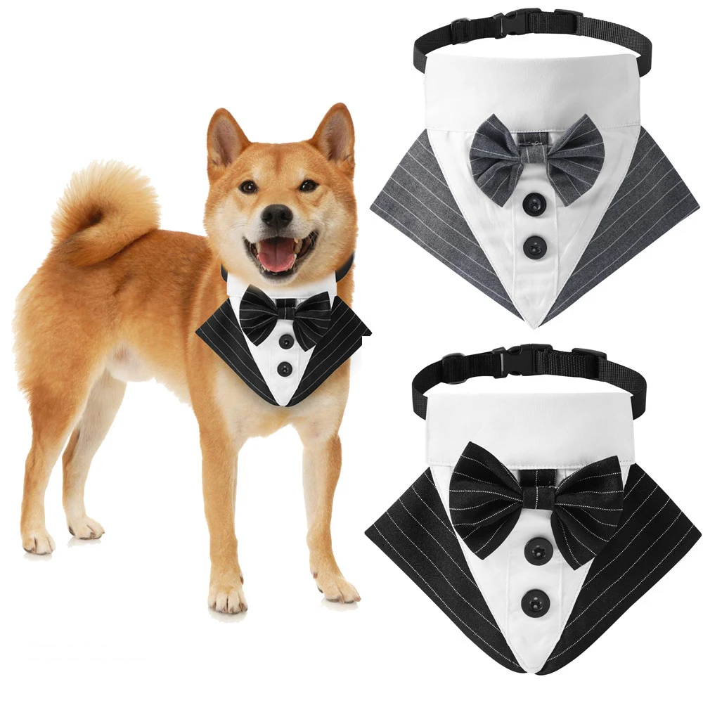 

Sucado Dog Wedding Bandana Suit Stripe Bow Tie Accessory Pet Scarf Over the Collar Bandanas for Small Medium Large Pets Collars