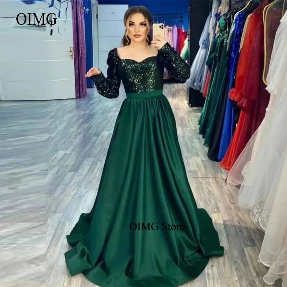 

OIMG Sparkly Emerald Green Sequin Evening Dresses Long Sleeves Sweetheart Satin Dubai Arabic Women Formal Prom Gowns Plus Size