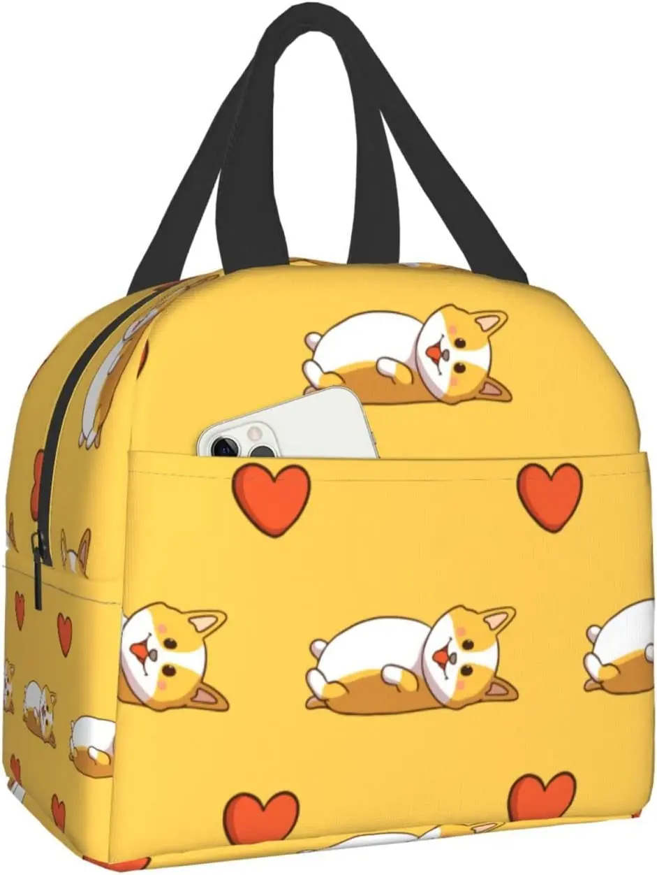 Cute Corgi Sleeping and Love Print Lunch Box, Kawaii Small Insulation Lunch Bag, Reusable Food Bag Lunch Containers Bags