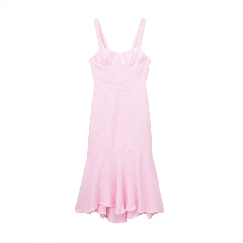 

Women 2023 Summer Fashion Textured Pink Midi Dress Vintage Strapless Asymmetrical Female Dresses Vestidos Mujer 8243