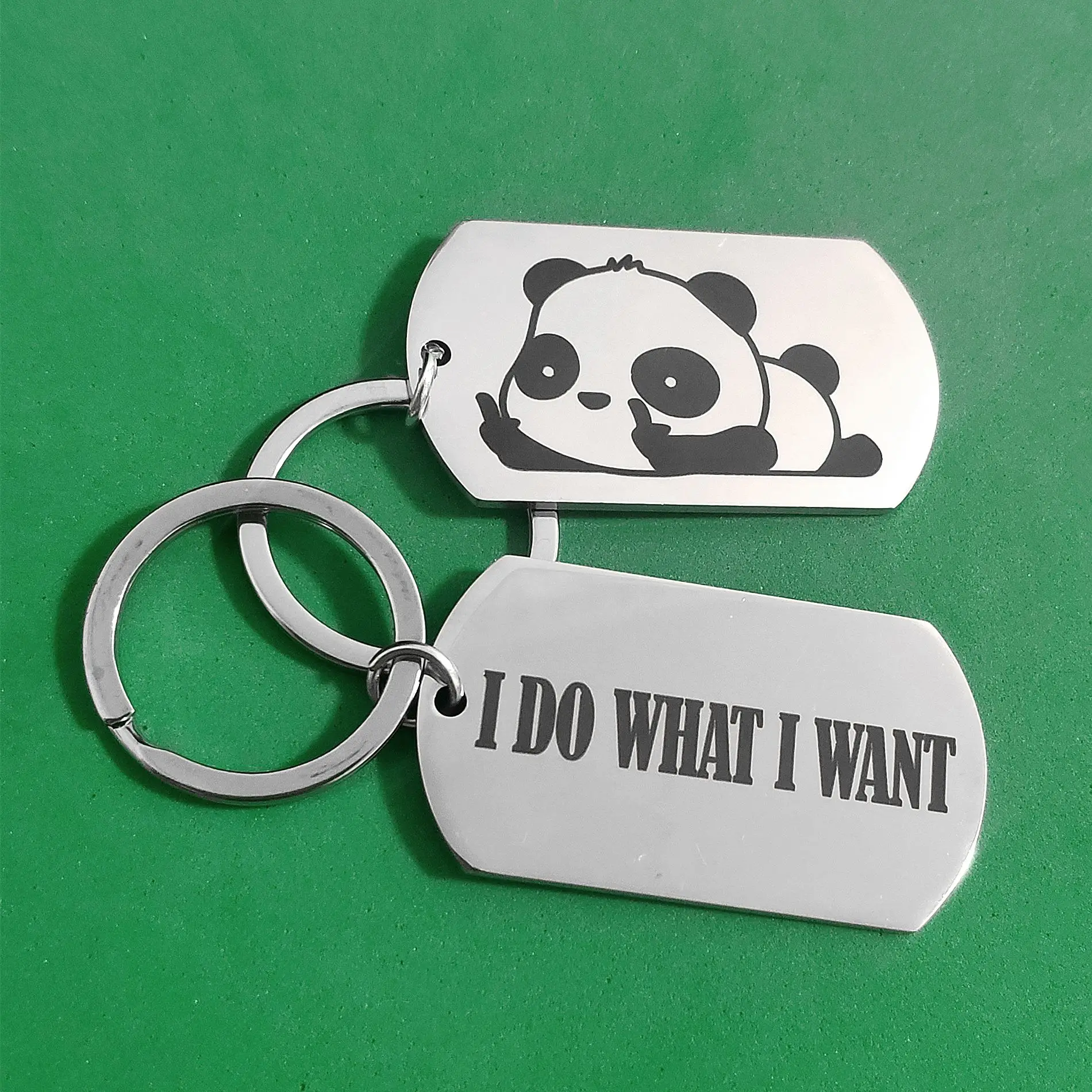 

Keyring Stainless Steel Keychain for Car Keys I DO WHAT I WANT Panda Cartoon Cute Gift Military Tags Creative Carabiner Holder