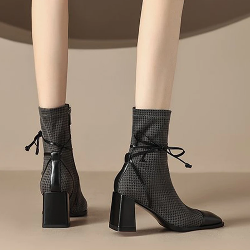 Женские ботильоны на высоком каблуке с бантом и квадратным носком новинка 2025