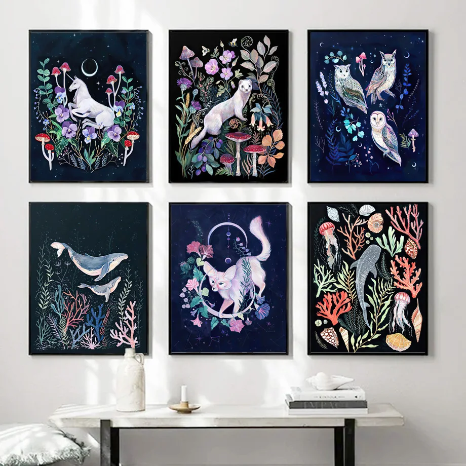 

Owl Whale Coral Mushroom Fox Posters and Prints Wall Art Canvas Paintings Wall Pictures Living Room Decor