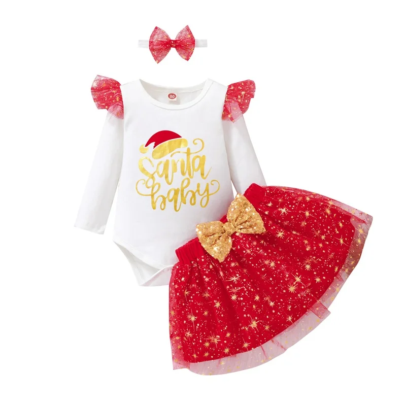 

Baby Girls 3Pcs Christmas Outfits, Long Sleeve Romper + Sequin Bow Tutu Skirt + Headband Set