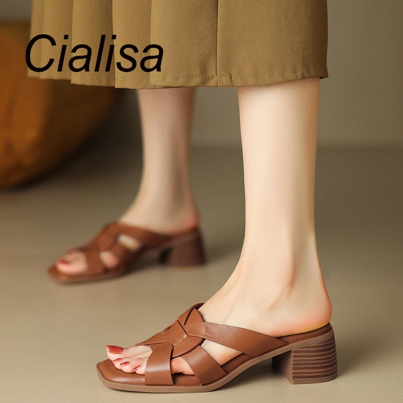 

Cialisa Open-Toed Woman Slipper 2023 Summer Genuine Leather Women Shoes Daily 5cm Mid Heels Outdoor Ladies Slippers Beige 40 New