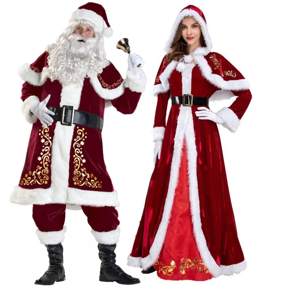 Plus Size Deluxe Velvet Adults Christmas Costume Cosplay Couple Santa Claus Clothes Fancy Dress Xmas Uniform Suit For Men Women