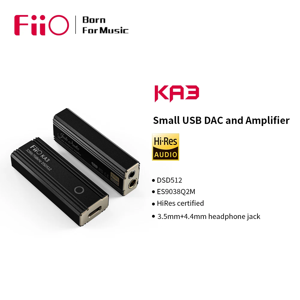 FiiO JadeAudio KA3 Type C 3.5/4.4 Jack Earphone USB DAC Amplifier DSD512 Audio Cable for Android iOS Mac Windows