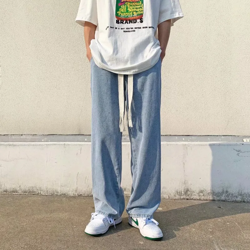 Blue/Black Baggy Jeans Men Fashion Drawstring Casual Wide Leg Jeans Mens Streetwear Loose Hip Hop Straight Denim Pants Men S-2XL
