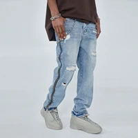 washed distressed ripped zipper denim jeans high street loose straight leg jeans fashion baggy biker jeans goth clothes r69